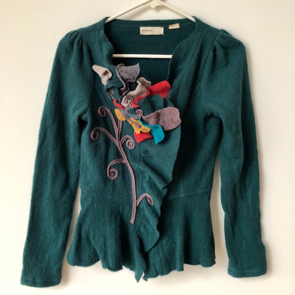 Anthropology Blue Green sweater Jacket w/ flower